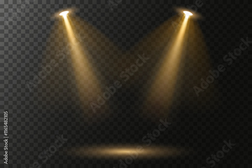 Collection of Bright White Stage Lighting and Spotlights: Projector Light Effects and Scene Illumination Isolated on Transparent Background. Ideal for Studio, Concert, Web, and Vector Design Projects