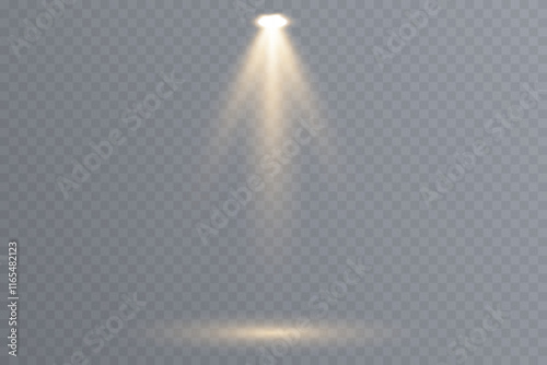 Vector spotlights with bright white light to illuminate the stage. Concert spotlight with ray illuminated spotlights for web design illustration.  Bright white lighting with spotlights