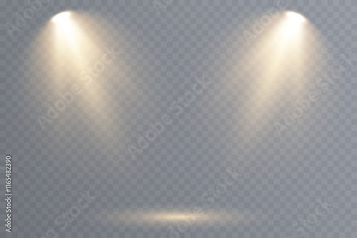 Vector spotlights with bright white light to illuminate the stage. Concert spotlight with ray illuminated spotlights for web design illustration.  Bright white lighting with spotlights