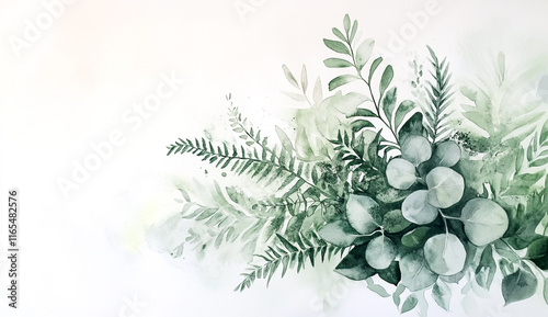 Watercolor green arrangement with fern and eucalyptus leaves in soft green on a white background photo
