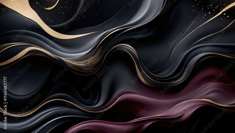 Elegant swirls of deep black fabric adorned with shimmering gold and rich burgundy create a captivating abstract background perfect for modern design Elegant swirls of deep black fabric adorned with shimmering gold and rich burgundy create a captivating abstract background perfect for modern design