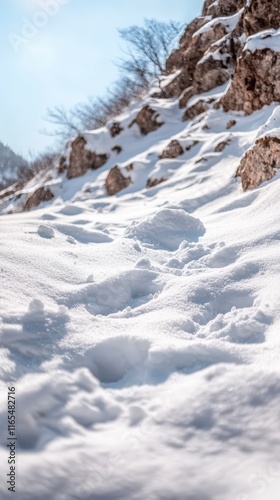 Winter Wonderland  Snowy Hillside Footprints  Cold  White  Nature
