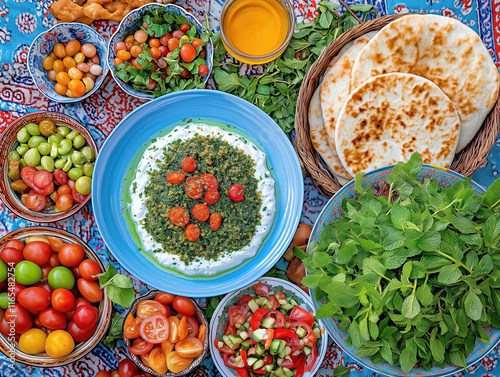 Traditional ramadan feast with fresh vegetables and bread on colorful tablecloth photo