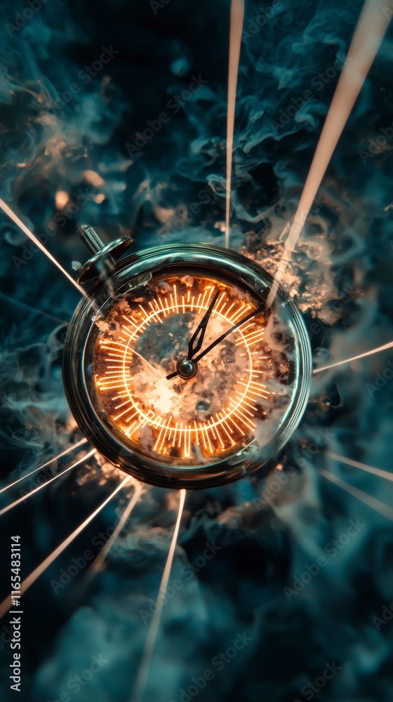 Fototapeta premium Glowing Clock Face Time Smoke Abstract Mystical Dark Background Light Rays Vintage