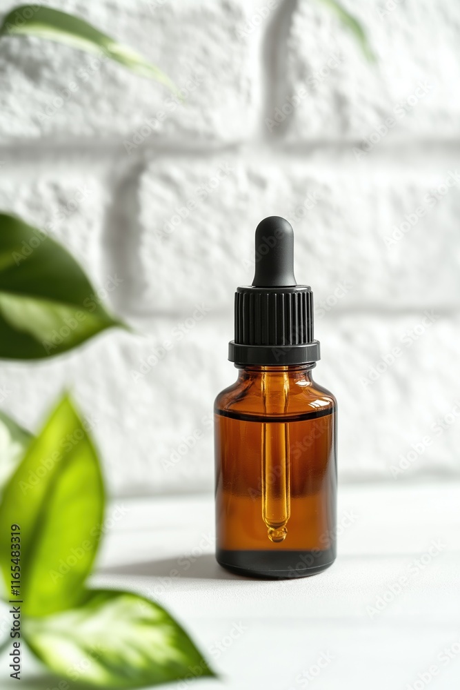 Amber dropper bottle with liquid, foreground, green leaves, white bricks Amber dropper bottle with liquid, foreground, green leaves, white bricks
