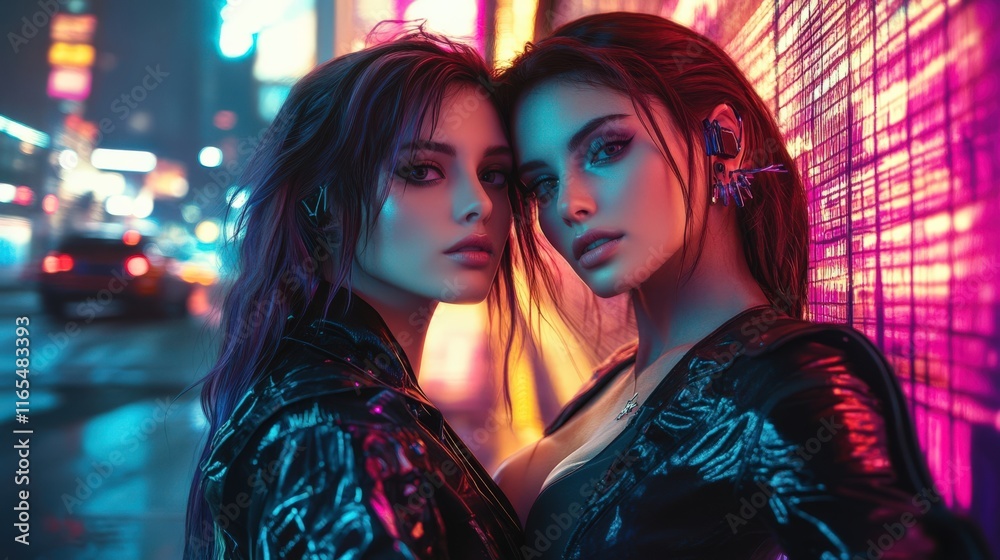 Two stylish women pose in a neon-lit street. Their expressions show confidence and coolness in vibrant urban nightlife. Two stylish women pose in a neon-lit street. Their expressions show confidence and coolness in vibrant urban nightlife.