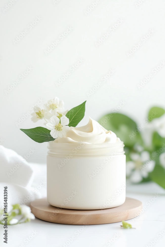 Natural cream moisturizer in jar with flower and leaf decoration, wooden stand, white background Natural cream moisturizer in jar with flower and leaf decoration, wooden stand, white background