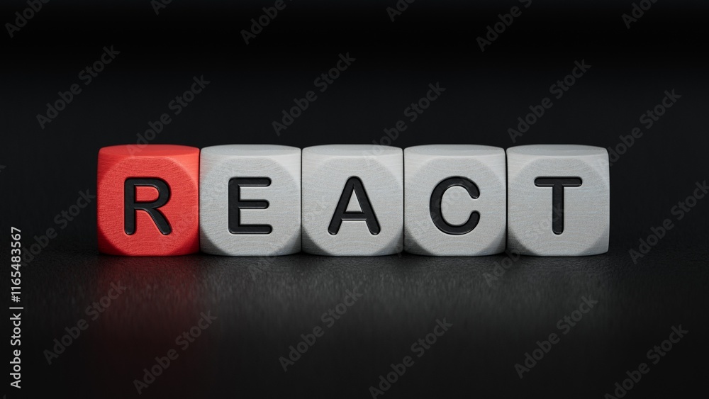 wooden cubes with text REACT. financial market. financing.close up of wooden elements,Business Concept.3D rendering on black background. wooden cubes with text REACT. financial market. financing.close up of wooden elements,Business Concept.3D rendering on black background.