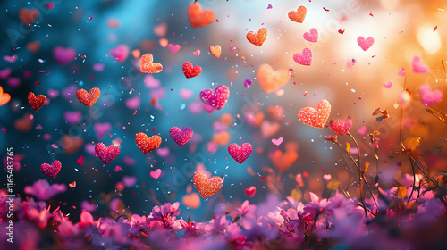 valentine background, with many colorful flying confetti in heart shapes. 