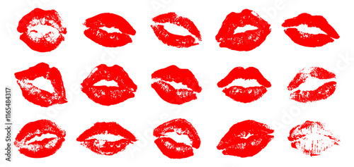red lipstick kiss print set of vector illustrations
