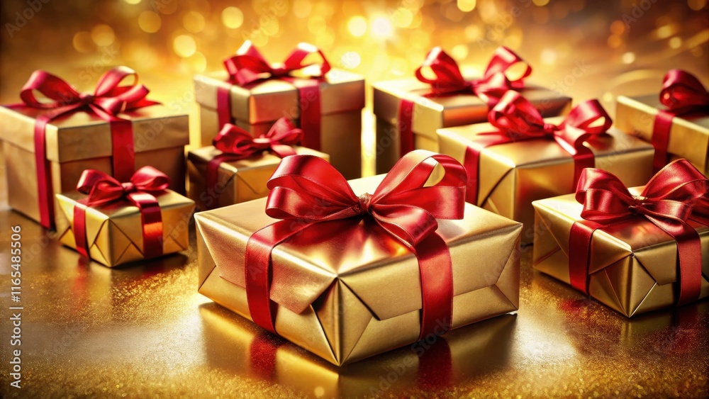 A collection of elegant gold gift boxes adorned with vibrant red bows, resting on a shimmering, golden surface. A collection of elegant gold gift boxes adorned with vibrant red bows, resting on a shimmering, golden surface.