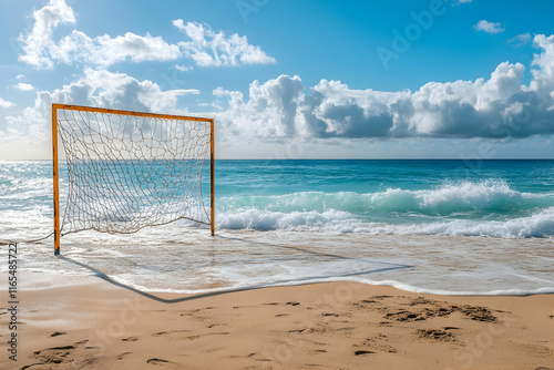 Handball goal set on a scenic beach with ocean waves rolling in the background