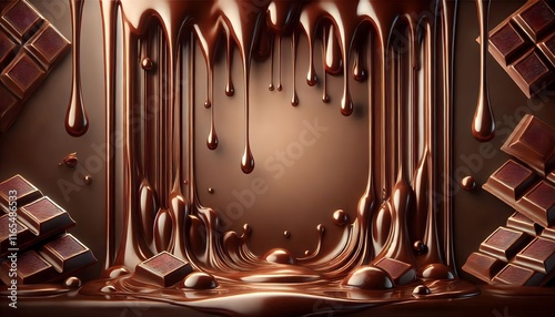 A rich chocolate design featuring dripping chocolate and scattered chocolate bars. Perfect for dessert branding, confectionery packaging, or advertising indulgent and sweet products. photo