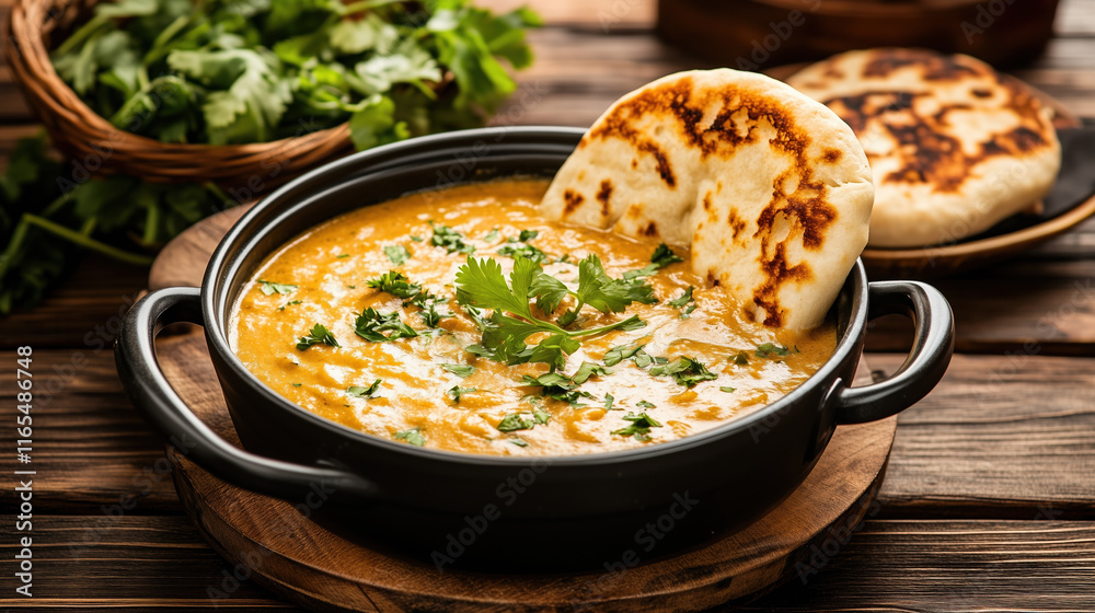 Delicious curry served with naan bread and fresh cilantro garnish Delicious curry served with naan bread and fresh cilantro garnish