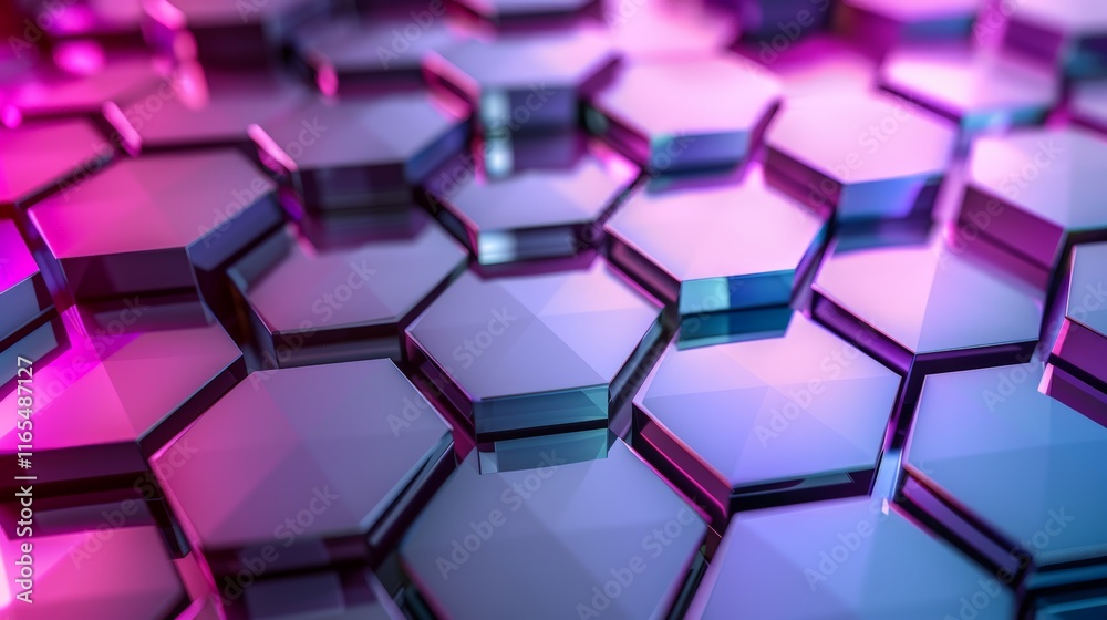 Glass hexagonal tiles forming an abstract futuristic pattern with neon pink and blue reflections Glass hexagonal tiles forming an abstract futuristic pattern with neon pink and blue reflections
