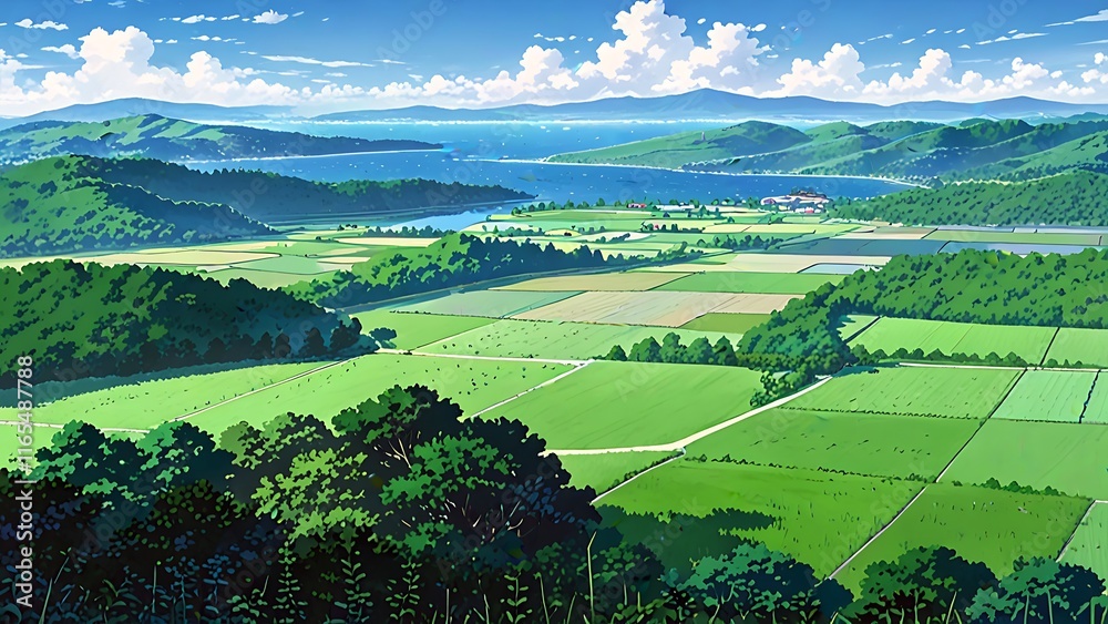 Fototapeta premium A serene landscape of vast green fields and agriculture with patches of forests