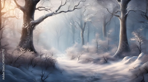 The winter woods stretch out, with a clear, open space that shimmers under a blanket of glittering snow, casting a magical glow in the peaceful forest.