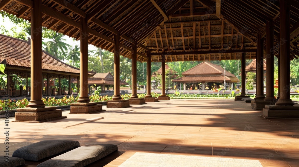 Serene open space with wooden structures and lush greenery. Serene open space with wooden structures and lush greenery.