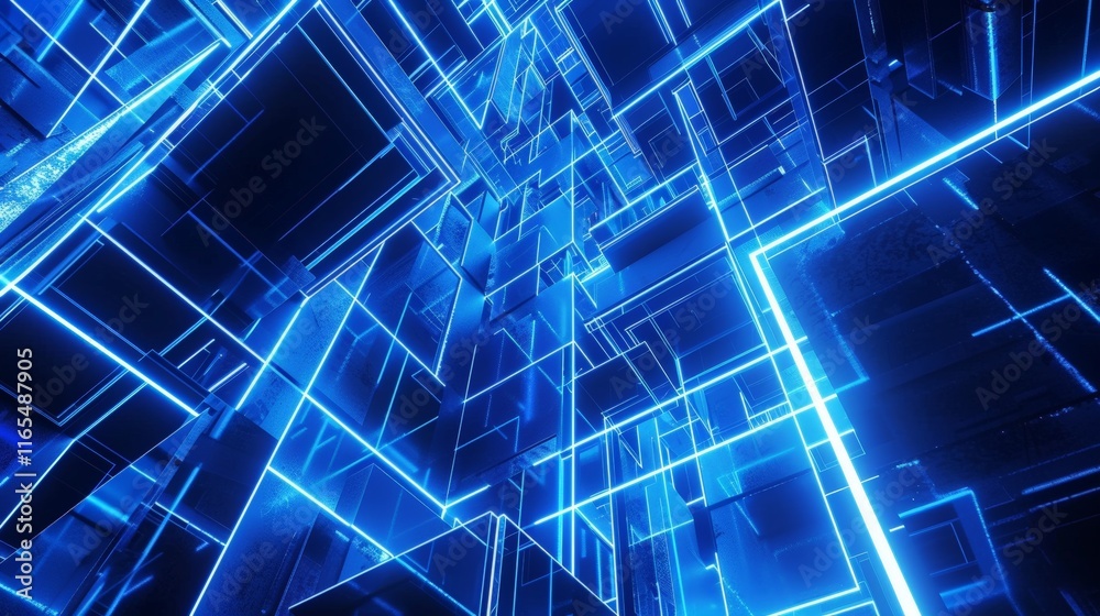 Complex structure made of dark cubes with glowing blue neon edges creating a futuristic abstract background, perfect for wallpapers Complex structure made of dark cubes with glowing blue neon edges creating a futuristic abstract background, perfect for wallpapers