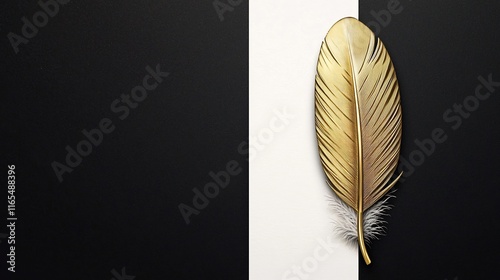 Golden Feather on Black and White Background: A Study in Contrast and Elegance photo