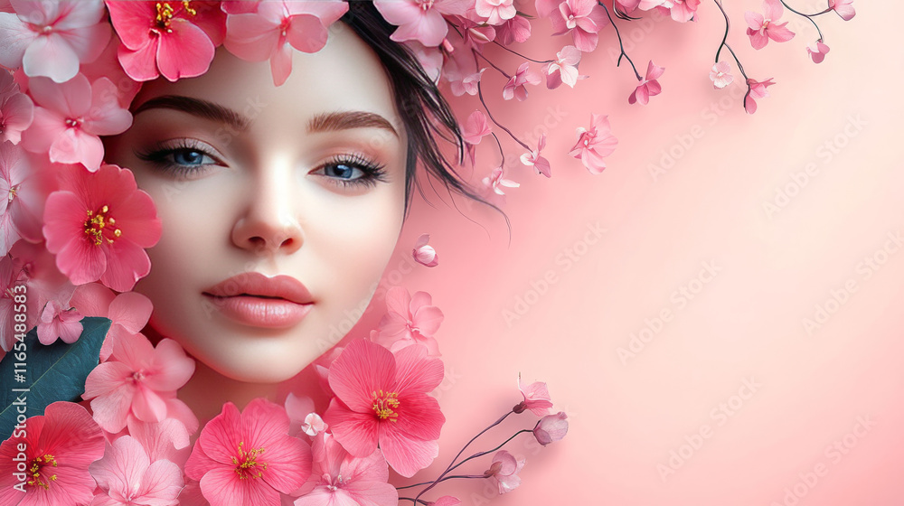 Fototapeta premium portrait of woman with pink flowers