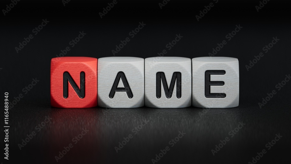 Obraz premium concept word name on cubes.close up of wooden elements,Business Concept.3D rendering on black background.