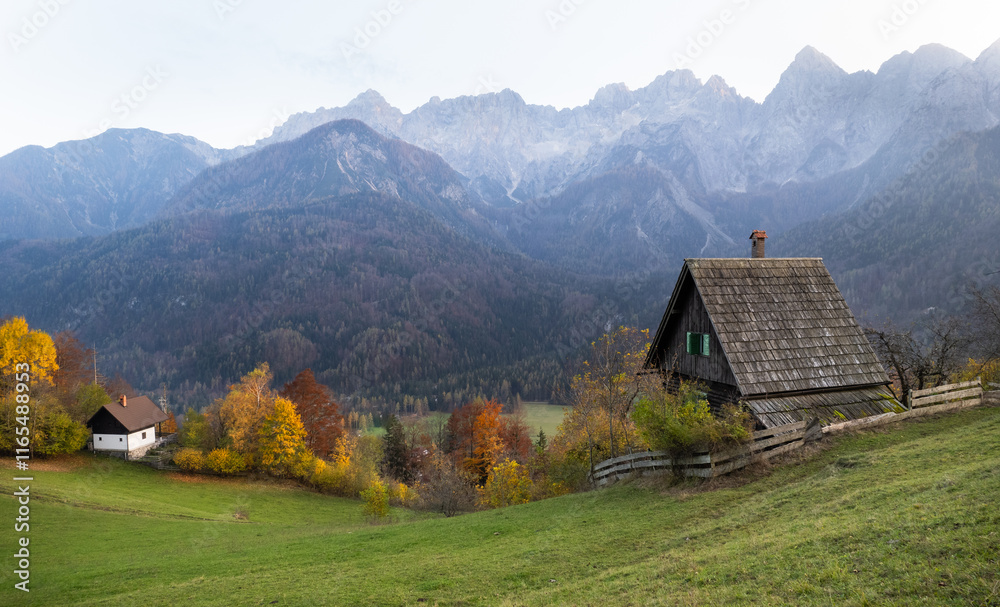 Obraz premium Drone aerial scenery of wooden mountain hut overlooking autumn valley. julian alps, slovenia