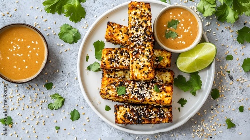 Sesame Crusted Tofu with Cilantro and Peanut Sauce