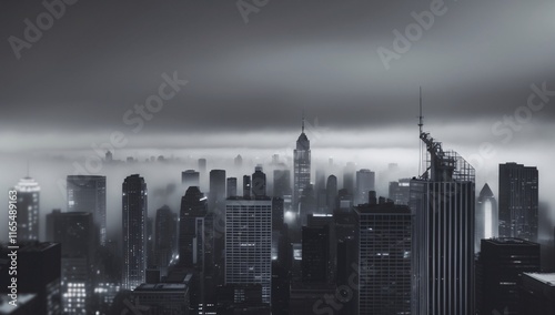 Urban skyline enveloped in mist showcases intricate details and contrast of architectural marvels against the moody black and white backdrop