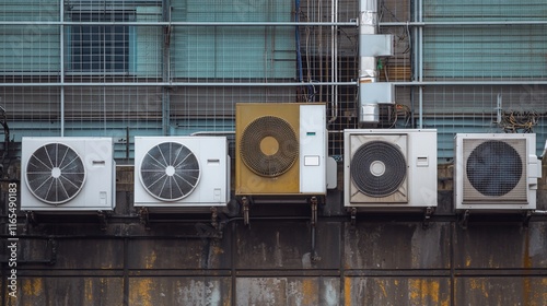 A row of air conditioning units on a building facade.