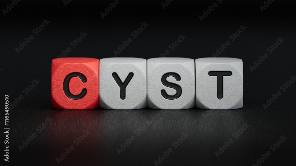 cubes with the word cyst. Care concept.close up of wooden elements,Business Concept.3D rendering on black background. cubes with the word cyst. Care concept.close up of wooden elements,Business Concept.3D rendering on black background.