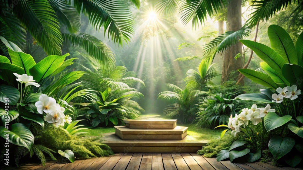 Fototapeta premium Sunbeams filtering through the lush foliage of a tropical jungle, illuminating a wooden platform and showcasing the vibrant greenery and delicate white orchids.
