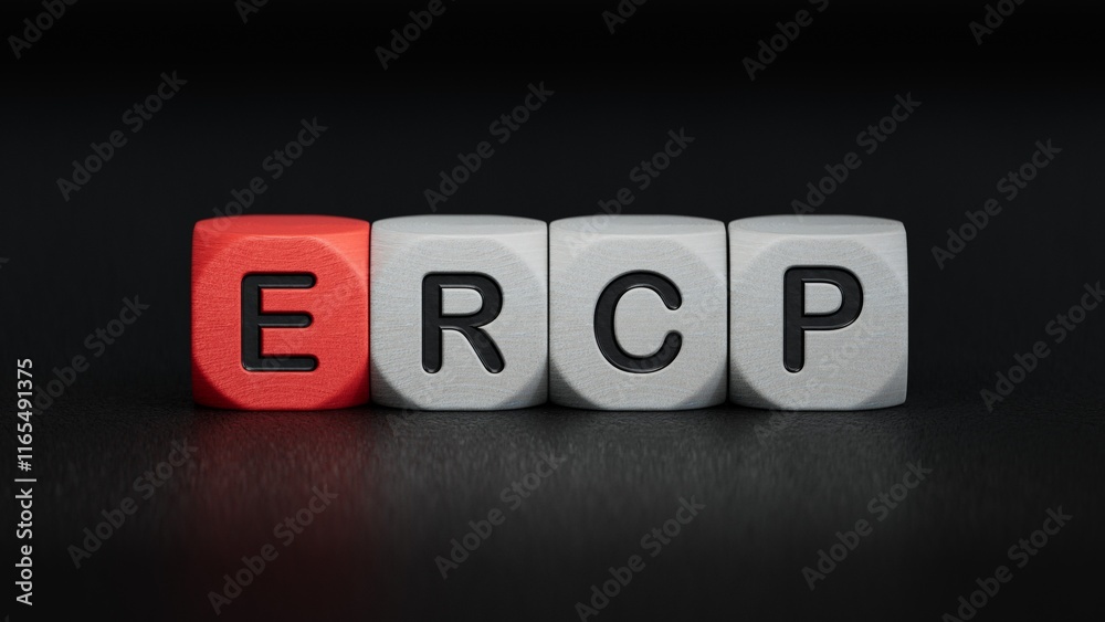 cubes with the word ercp. Care concept.close up of wooden elements,Business Concept.3D rendering on black background. cubes with the word ercp. Care concept.close up of wooden elements,Business Concept.3D rendering on black background.