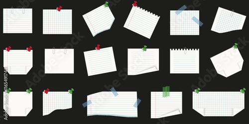 Big Set realistic Notebook Paper Sheets sticker isolated black background. Office Paper notice Sheet mockup. Vector illustration for Scrapbooking