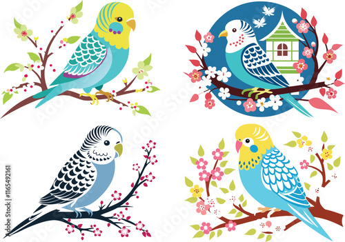 Set of Budgie Bird Stencil Art Simple Illustration
