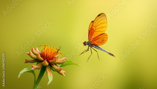 Libelle bij een vijver op blad van oeverplanten photo