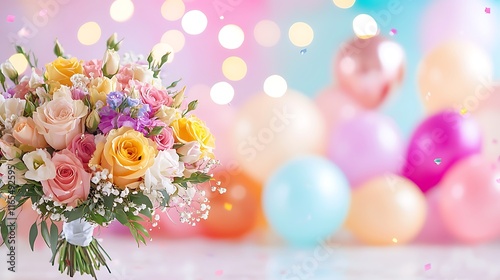 Colorful flower bouquet with pastel balloons and confetti, celebration concept.