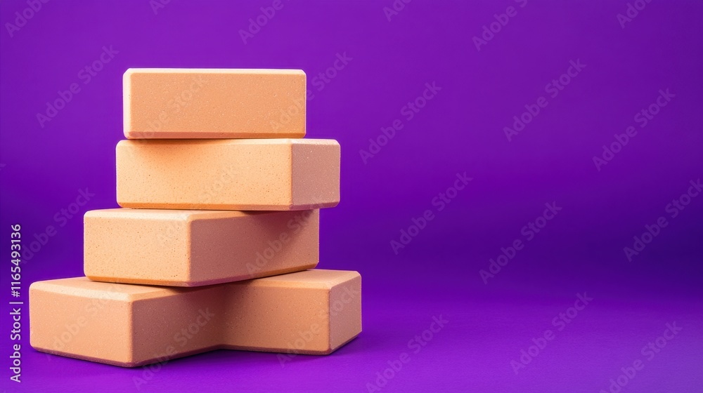 Obraz premium Stack of cork yoga blocks on a purple background