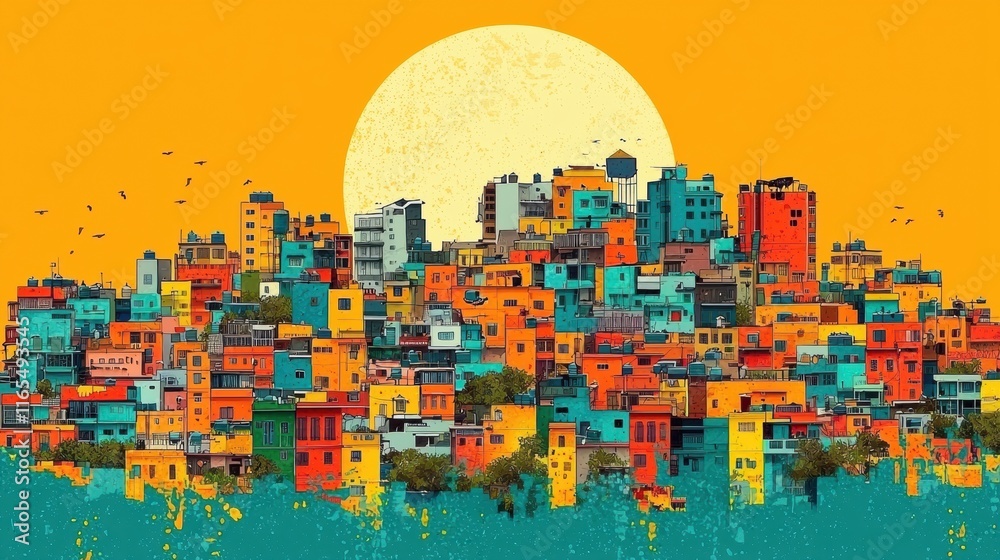Colorful Urban Landscape with Vibrant Buildings and Sun Setting Colorful Urban Landscape with Vibrant Buildings and Sun Setting