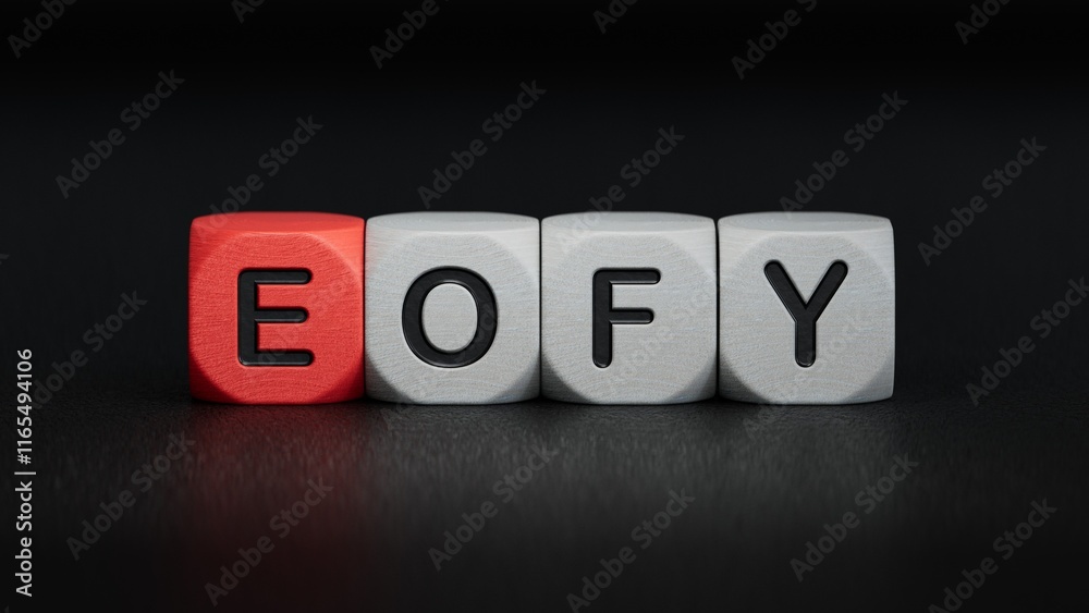 eofy word on wooden cubes.close up of wooden elements,Business Concept.3D rendering on black background. eofy word on wooden cubes.close up of wooden elements,Business Concept.3D rendering on black background.