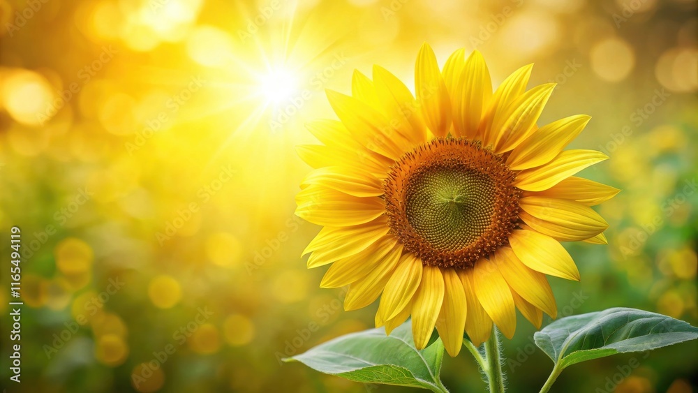 Fototapeta premium A single sunflower blooms brightly against a backdrop of soft, golden light, radiating warmth and summer energy.