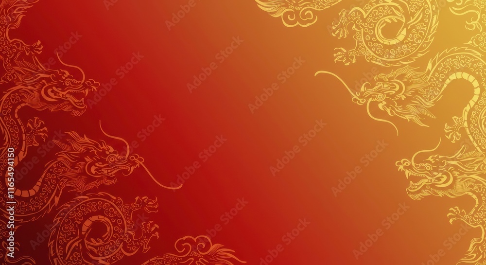Golden Dragons on Red Gradient: Celebrate the year of the dragon with this traditional design featuring ornate golden dragons on a vibrant red and orange gradient background. Golden Dragons on Red Gradient: Celebrate the year of the dragon with this traditional design featuring ornate golden dragons on a vibrant red and orange gradient background.