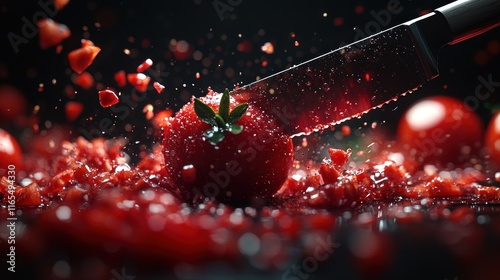 Fresh strawberry and tomato being sliced, creating a dynamic splash of juice and red fragments. photo