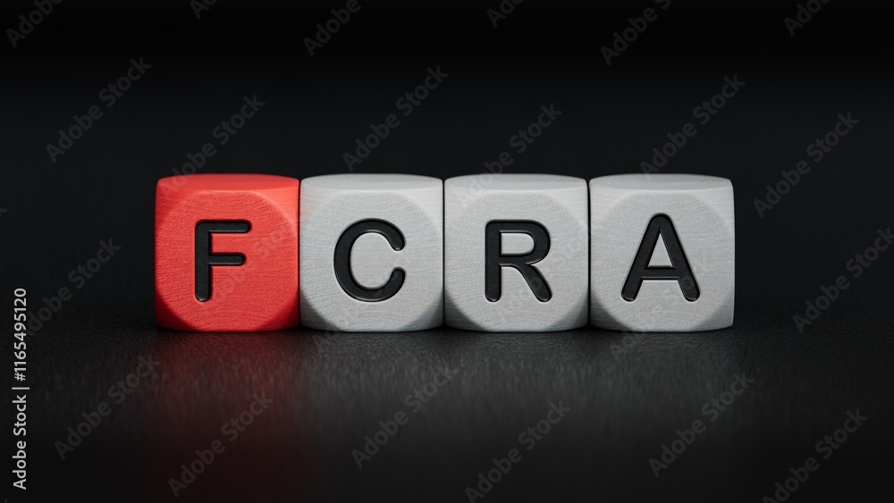 FCRA was created from wooden cubes. Finance and Banking.close up of wooden elements,Business Concept.3D rendering on black background. FCRA was created from wooden cubes. Finance and Banking.close up of wooden elements,Business Concept.3D rendering on black background.