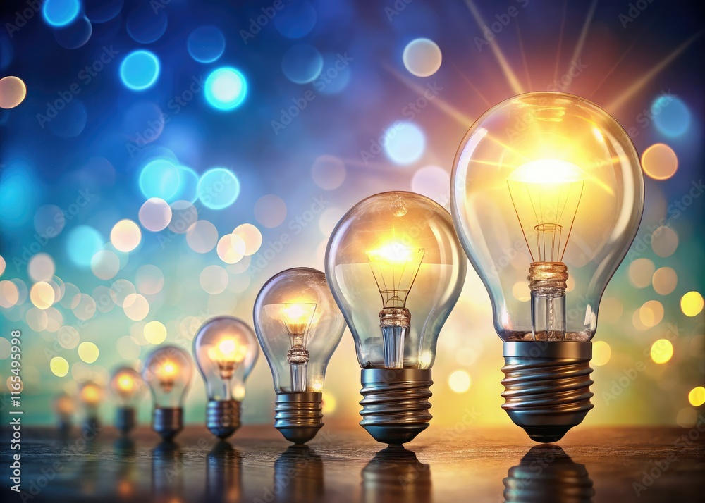 3D Light Bulbs Ascending Bokeh Graphic, Creativity, Upward Trend 3D Light Bulbs Ascending Bokeh Graphic, Creativity, Upward Trend