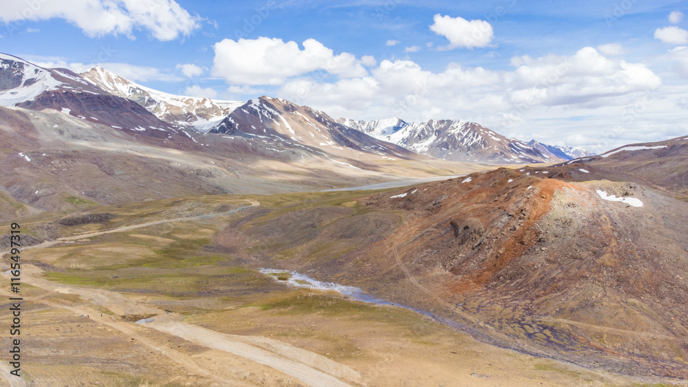 An aerial view of beautiful himalayan mountains in the evening at baralacha pass, leh manali highway lahul, himachal pradesh, India. An aerial view of beautiful himalayan mountains in the evening at baralacha pass, leh manali highway lahul, himachal pradesh, India.