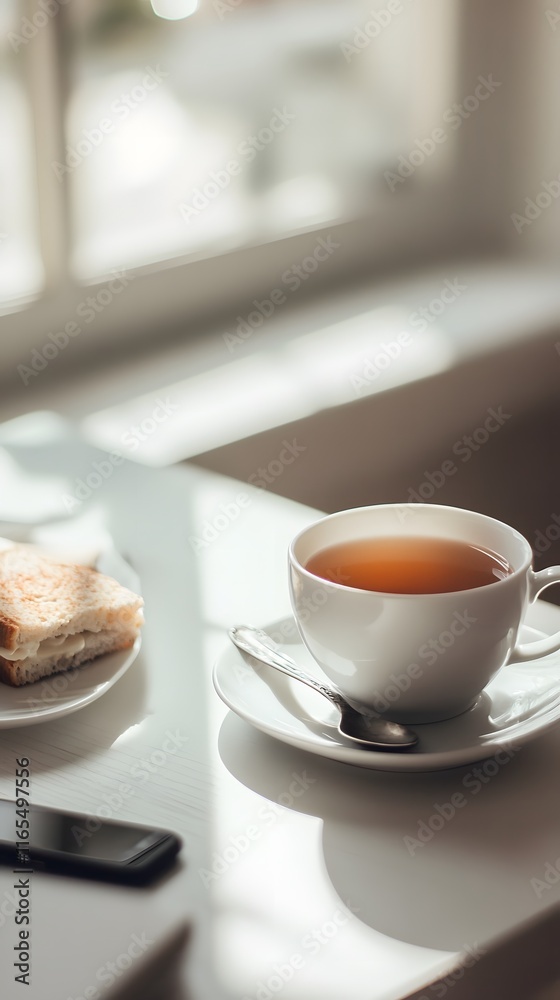 A photograph of an empty white desk with some food and coffee on it, taken from the side A photograph of an empty white desk with some food and coffee on it, taken from the side