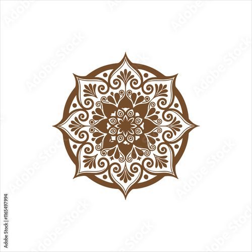 Top view of a ceramic plate showcasing a detailed floral mandala design in vibrant orange and teal colors, isolated on white background.