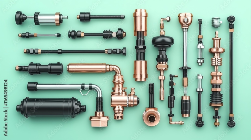 Assorted plumbing components arranged on a mint background. Assorted plumbing components arranged on a mint background.