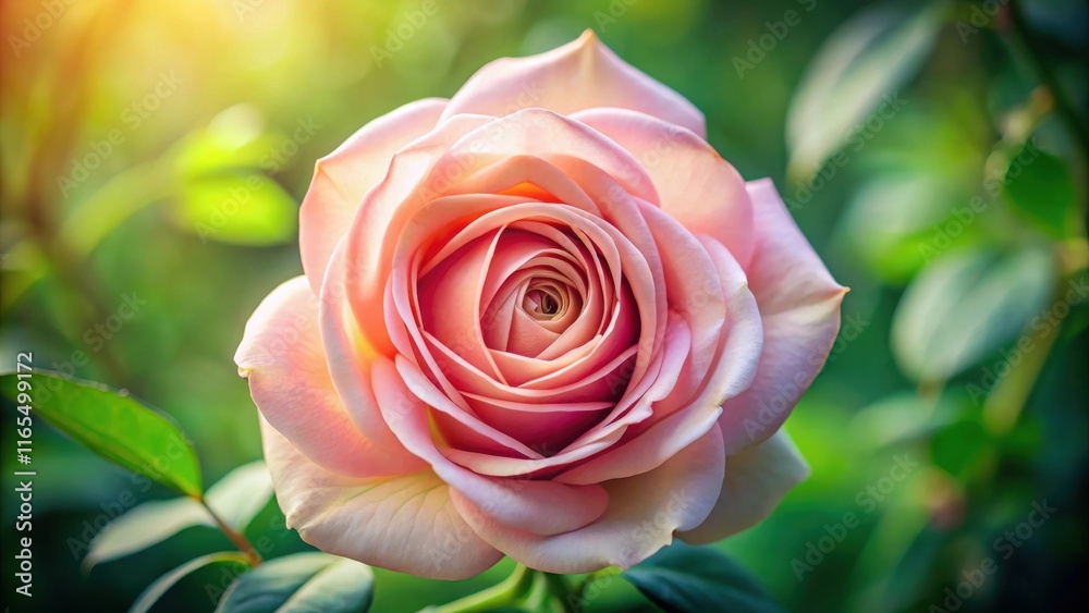 A soft pink rose blossom with delicate petals, illuminated by a gentle sunlight, against a backdrop of lush green foliage. A soft pink rose blossom with delicate petals, illuminated by a gentle sunlight, against a backdrop of lush green foliage.